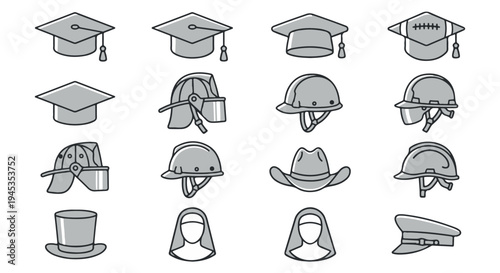 Collection of various hats and caps in a grid, including graduation caps and helmets.