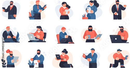 Diverse professionals engage with technology and documents, illustrating modern work