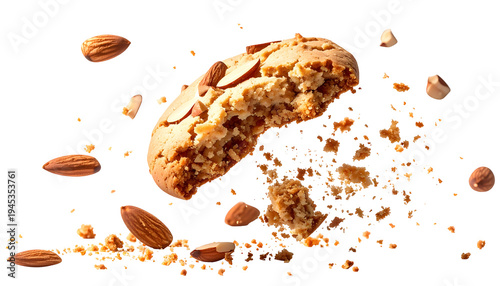 Close-up of cookie breaking apart mid-air, almonds and crumbs flying, isolated on black