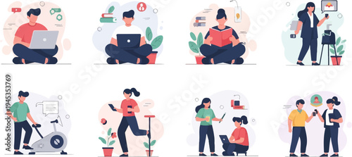 Diverse people engaged in modern activities like working, exercising, and socializing