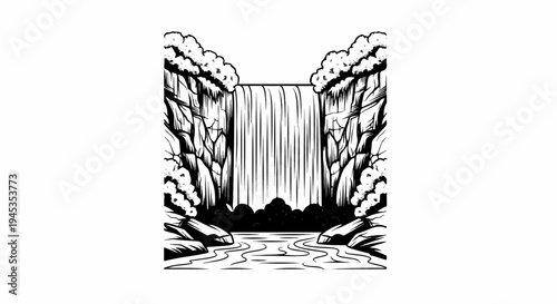A striking black and white illustration depicts a majestic waterfall cascading down rugged cliffs, bordered by lush foliage