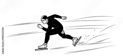 A speed skater in a black suit glides swiftly across a blank ice rink