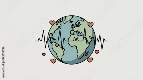 Earth with heartbeat line and hearts symbolizing love and care for the planet eco friendly concept