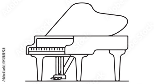 A minimalist line drawing of a grand piano on a Transparent Background, simple elegant musical instrument illustration.