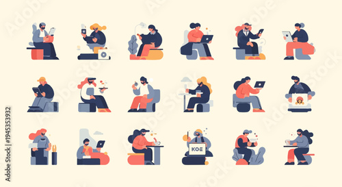 Diverse individuals engaged in activities with devices and drinks in a light-colored setting