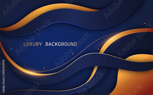 Elegant luxury abstract background on blue layered waves, combined with glowing metallic gold curves and accents. Vector Illustration