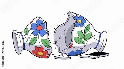 Broken vase with floral pattern, scattered pieces on a white background