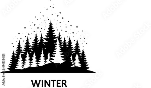 Black silhouette of a forest under snowfall, with the word Winter