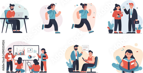 Diverse individuals engage in work, fitness, and leisure activities (1)