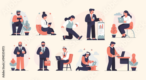 Diverse professionals engage in various work-related activities, showcasing technology and tasks