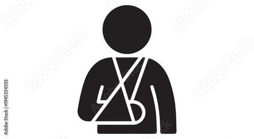Person with arm in a sling, injury icon, medical symbol, healthcare illustration, black and white graphic