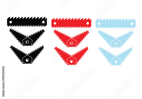 Set of three abstract saw blade icons in black, red, and blue, useful for concepts related to
