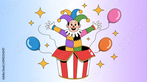 Jester emerges from colorful gift box with balloons and stars symbolizing joyful surprise and celebration