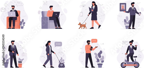 Diverse individuals engage in various activities like working, walking pets, and commuting