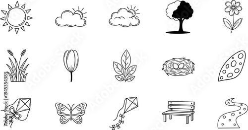 Collection of simple line art icons representing outdoor activities and nature elements