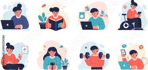 Flat illustrations of people engaging in various activities like work, reading, and fitness