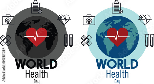 World Health Day icon set collection featuring heart, stethoscope, global health care symbols and medical awareness concepts for April 7 healthcare campaigns.