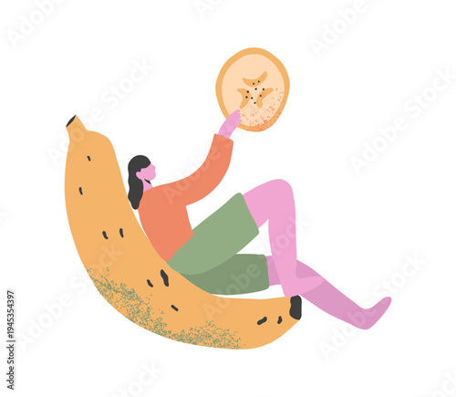 A girl sits on a large banana, holding a banana slice. Illustration for a large organic farm harvest or fair. Vector for packaging, coating, smoothies or healthy products. Vector illustration.