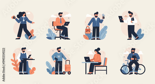 Diverse characters engaged in modern activities, illustrated in a flat design
