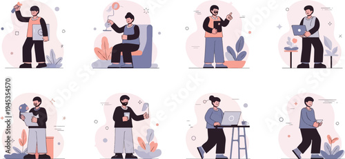 Diverse individuals engaged in various everyday activities and work-related tasks