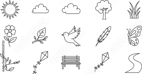Collection of simple line art icons representing outdoor activities and nature elements