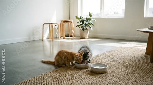 Two cats eating from one bowl in a bright room,  cozy and playful, with space for text