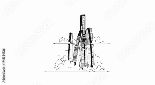Sketch of futuristic skyscrapers ascending amidst clouds and flying birds