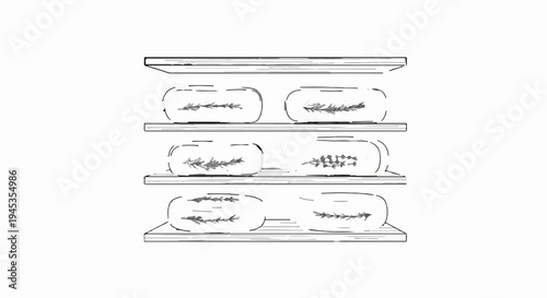 Sketch of herbs in clear jars on wooden shelves, artfully arranged