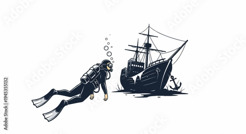 Diver explores sunken ship with anchor nearby, bubbles rise