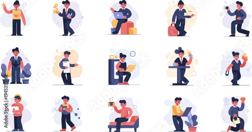 Diverse individuals engaged in various tasks, from working on laptops to holding presentations and enjoying beverages