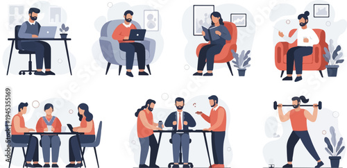 Diverse individuals engaged in various office and leisure activities