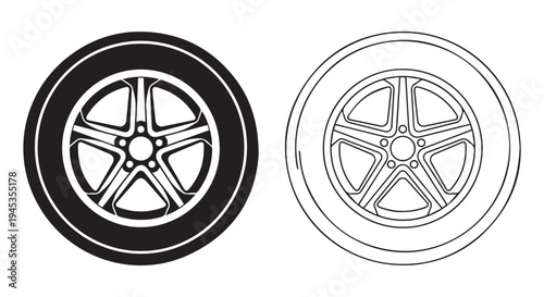 A black and white illustration of two car tires with rims side by side on a plain background