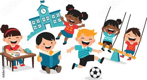 Diverse children engaged in learning, playing, and recreation outside a school building