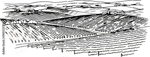 Sketch of rolling hills and cultivated fields with buildings