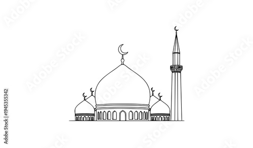 Islamic mosque outline with dome and minaret black line vector illustration