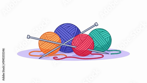 Four yarn balls in orange, purple, pink, and teal with knitting needles