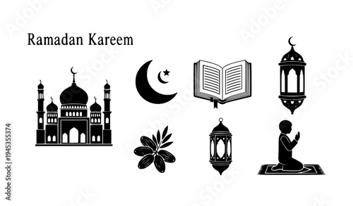 Ramadan and Eid Islamic silhouette icons mosque Quran lantern vector