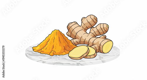 Fresh ginger root, slices, and powder on a marble plate