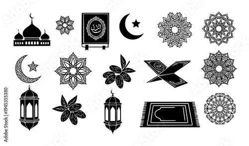 Eid Mubarak Islamic symbols mosque lantern Quran silhouette icon vector set