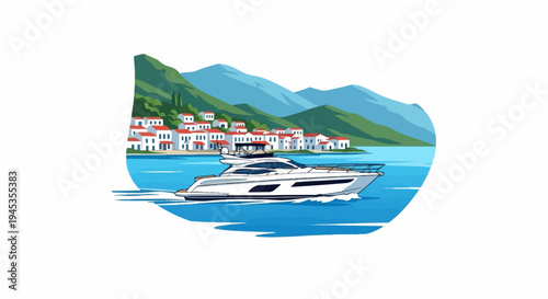 Luxury yacht sails past a coastal village nestled against blue mountains