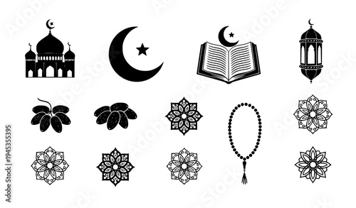 Ramadan Kareem Eid Mubarak Islamic icon set mosque Quran lantern dates silhouette vector