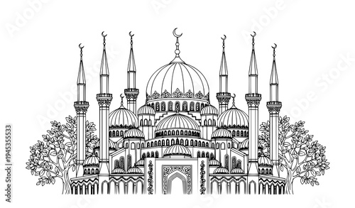 Intricate grand mosque line art with domes minarets and trees vector illustration