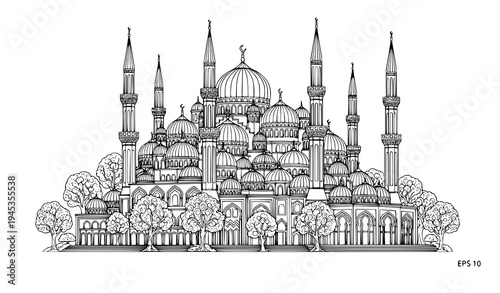 Decorative mosque architecture intricate line art vector illustration