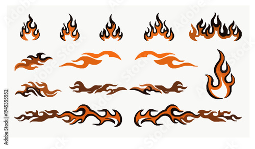 Decorative fire flame graphic elements orange and black vector set