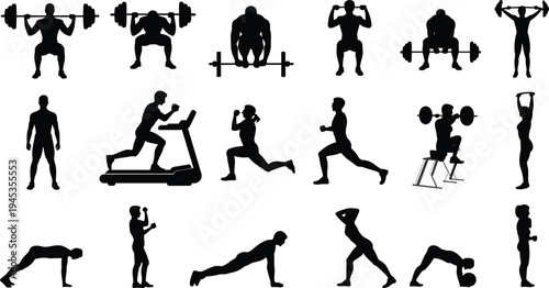 fitness workout silhouette set, gym training exercises collection, weightlifting running treadmill push up healthy lifestyle sport activity icons