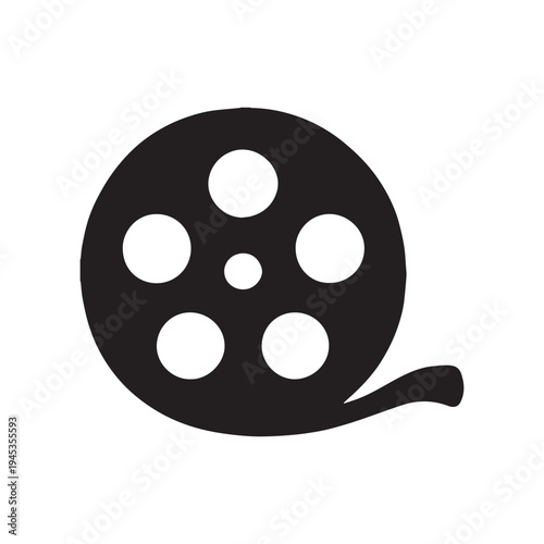 A stark black and white graphic depiction of a film reel showcasing the circular form and central openings