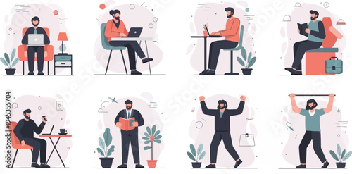 Diverse men engaged in work, study, leisure, and exercise activities