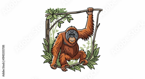 Orangutan swinging through lush green jungle foliage on a vine