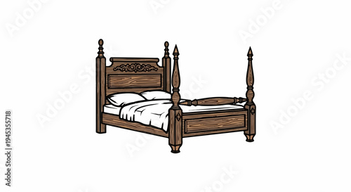 Ornate wooden four-poster bed with a white mattress and pillows