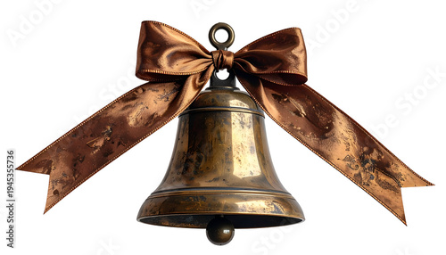 A bronze bell with a ribbon bow, isolated on a black background